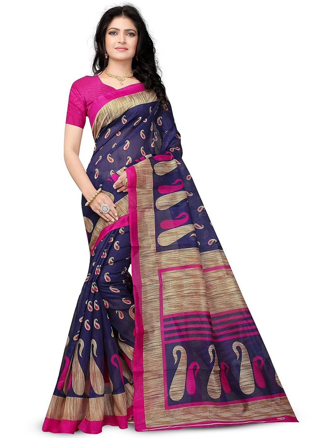 

RUNAYA NX Ethnic Motifs Art Silk Woven Design Festive Saree, Navy blue