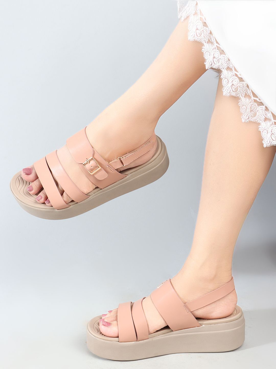 

ELLE Platform Sandals with Buckles, Peach