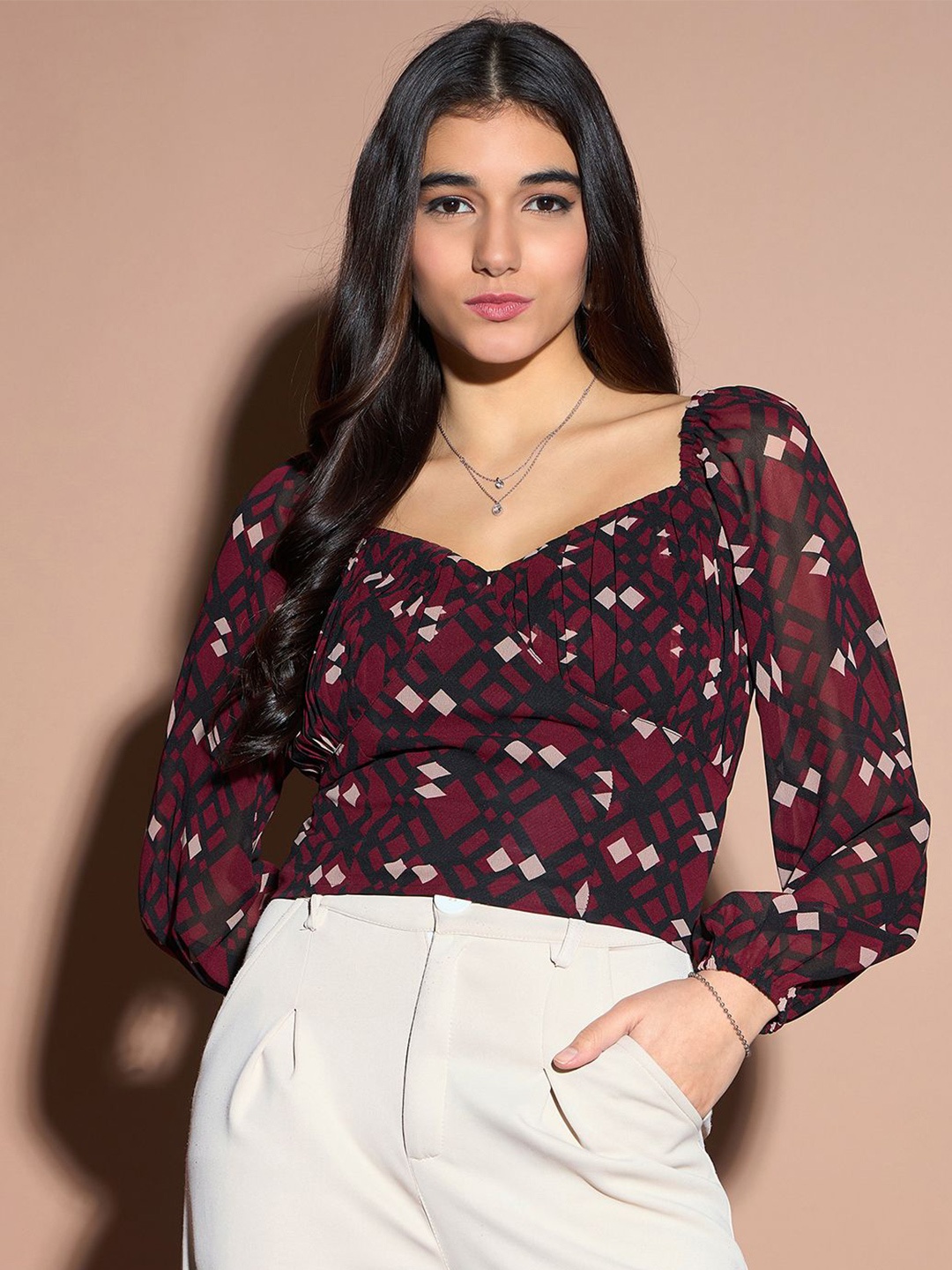 

Kibo Floral Print Sweetheart Neck Puff Sleeve Georgette Top, Maroon