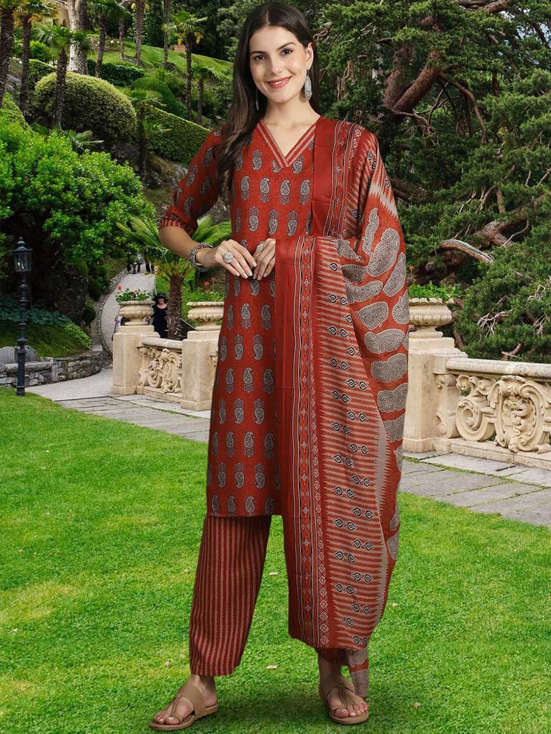

7Threads Ethnic Motifs Printed Regular Pure Cotton Straight Kurta With Trousers & Dupatta, Red