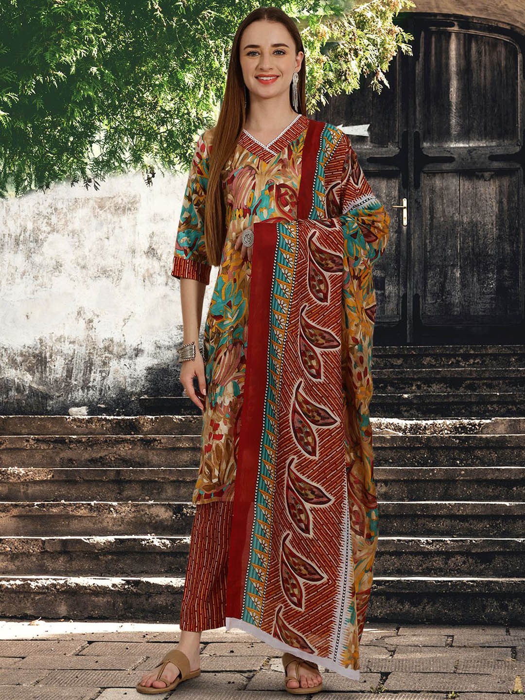 

7Threads Floral Printed Pure Cotton Straight Kurta With Trouser & Dupatta, Mustard