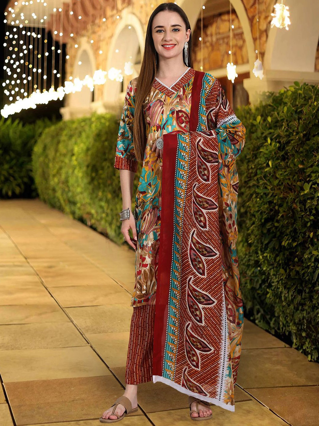 

7Threads Ethnic Motifs Printed Pure Cotton Straight Kurta With Trousers & Dupatta, Mustard