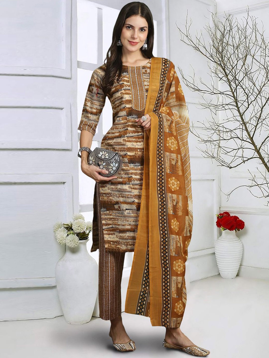 

7Threads Abstract Printed Pure Cotton Straight Kurta With Trouser & Dupatta, Khaki
