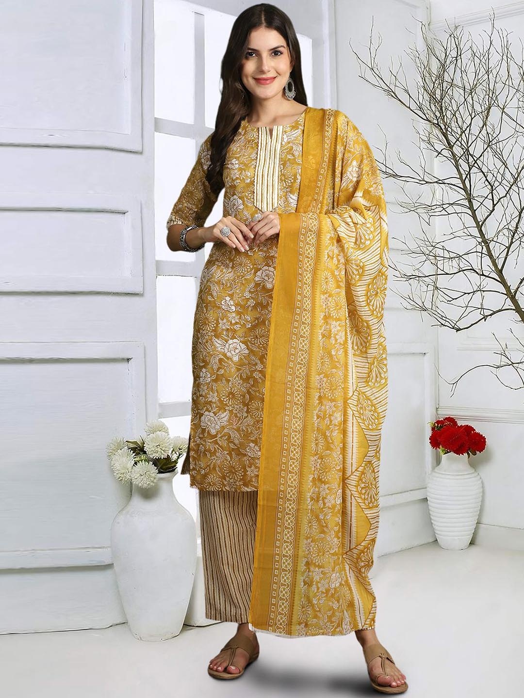 

7Threads Floral Printed Pure Cotton Straight Kurta With Trouser & Dupatta, Mustard