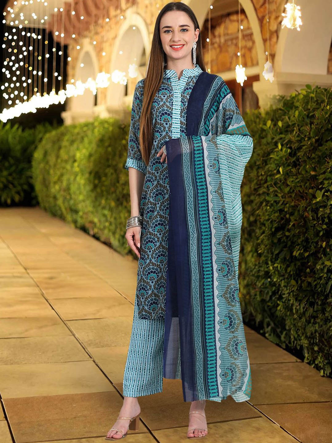 

7Threads Floral Printed Band Collar Pure Cotton Straight Kurta With Trousers & Dupatta, Teal