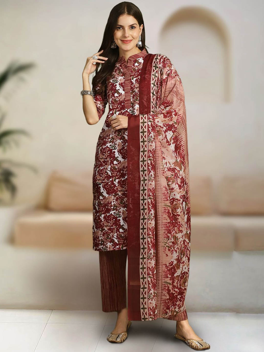 

7Threads Floral Printed Regular Pure Cotton Straight Kurta With Trousers & Dupatta, Maroon