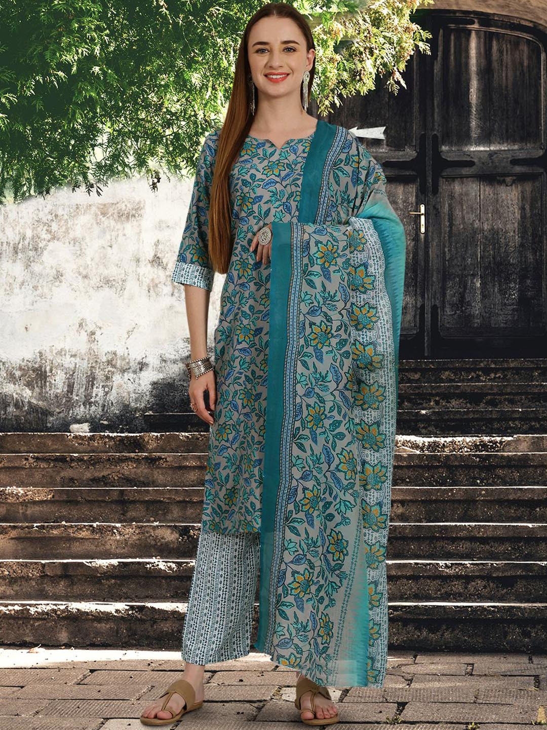 

7Threads Floral Printed Regular Pure Cotton Straight Kurta With Trousers & Dupatta, Grey melange