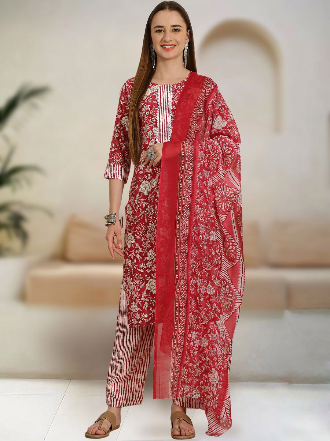 

7Threads Floral Printed Pure Cotton Straight Kurta With Trousers & Dupatta, Pink