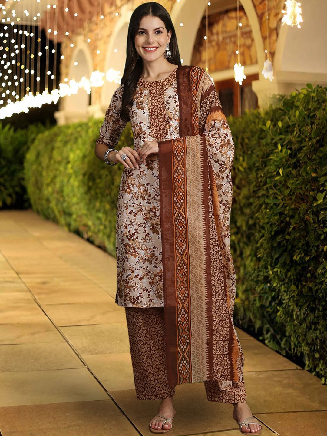 

7Threads Floral Printed Pure Cotton Straight Kurta With Trousers & Dupatta, Beige