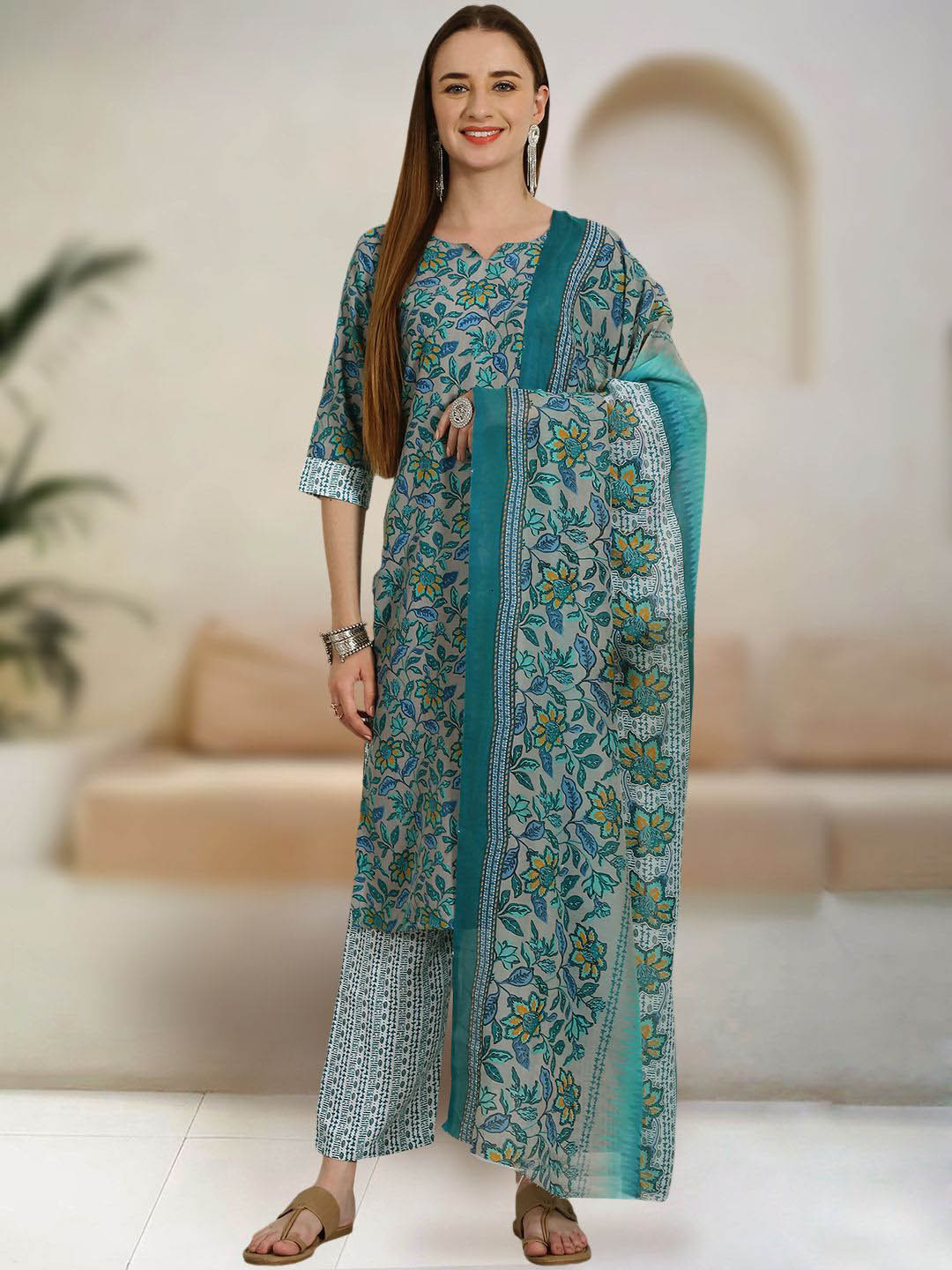 

7Threads Floral Printed Regular Pure Cotton Straight Kurta With Trousers & Dupatta, Grey melange