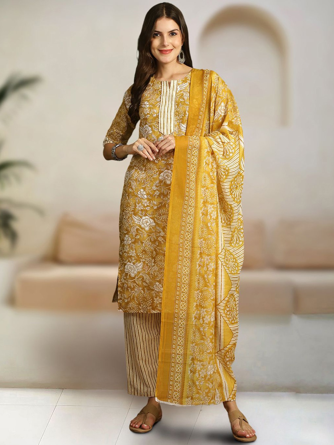 

7Threads Floral Printed Pure Cotton Straight Kurta With Trouser & Dupatta, Mustard