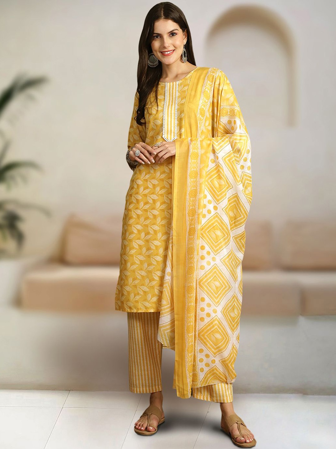 

7Threads Floral Printed Regular Pure Cotton Straight Kurta With Trousers & Dupatta, Yellow