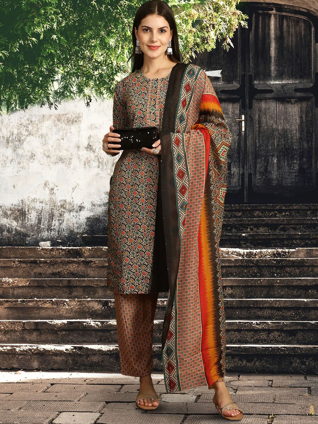 

7Threads Floral Printed Pure Cotton Straight Kurta With Trouser & Dupatta, Brown