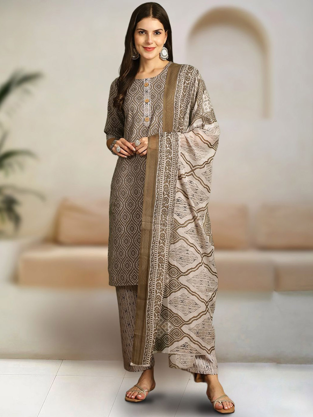 

7Threads Floral Printed Pure Cotton Straight Kurta with Trousers & With Dupatta, Grey melange