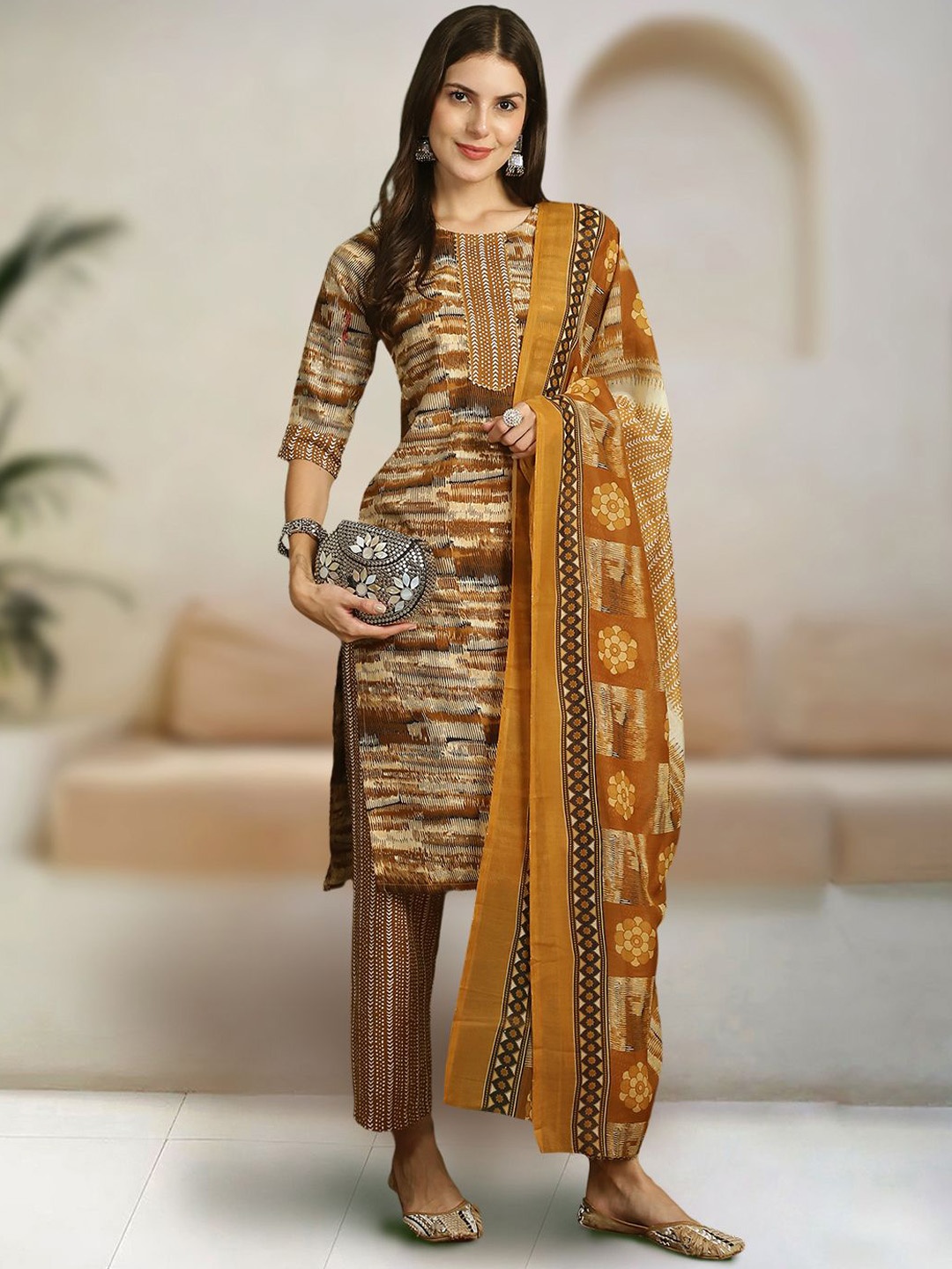 

7Threads Floral Printed Pure Cotton Straight Kurta With Trousers & Dupatta, Khaki