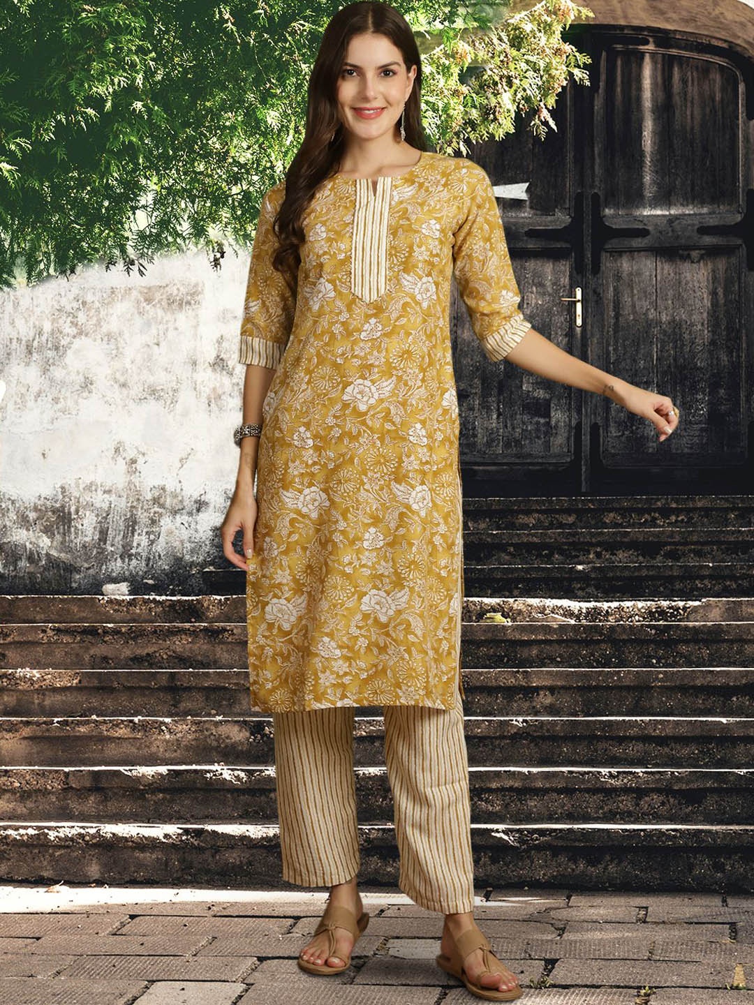 

7Threads Floral Printed Notched Neck Pure Cotton Straight Kurta With Trousers & Dupatta, Mustard