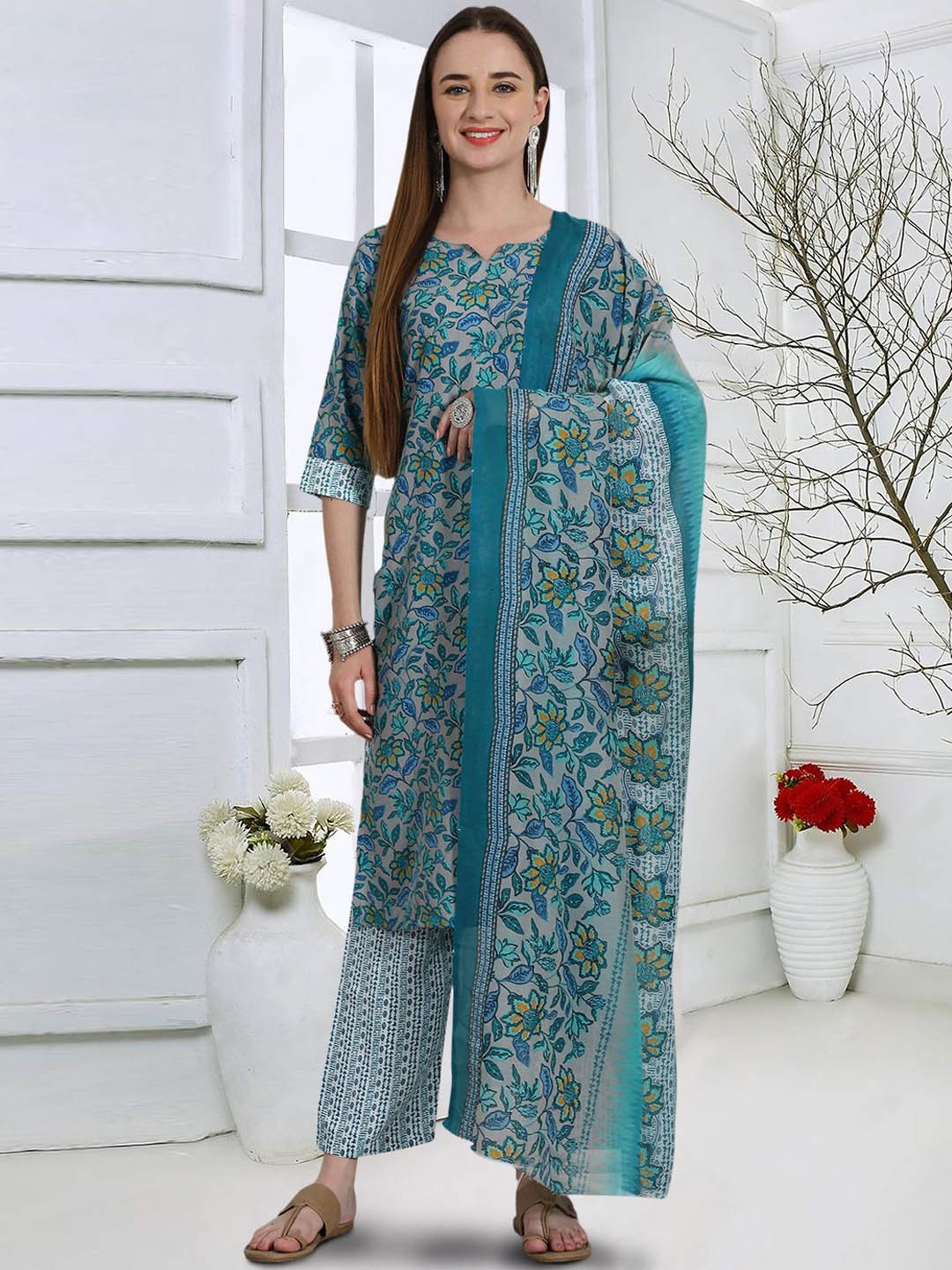 

7Threads Floral Printed Notched Neck Pure Cotton Straight Kurta With Trousers & Dupatta, Grey melange