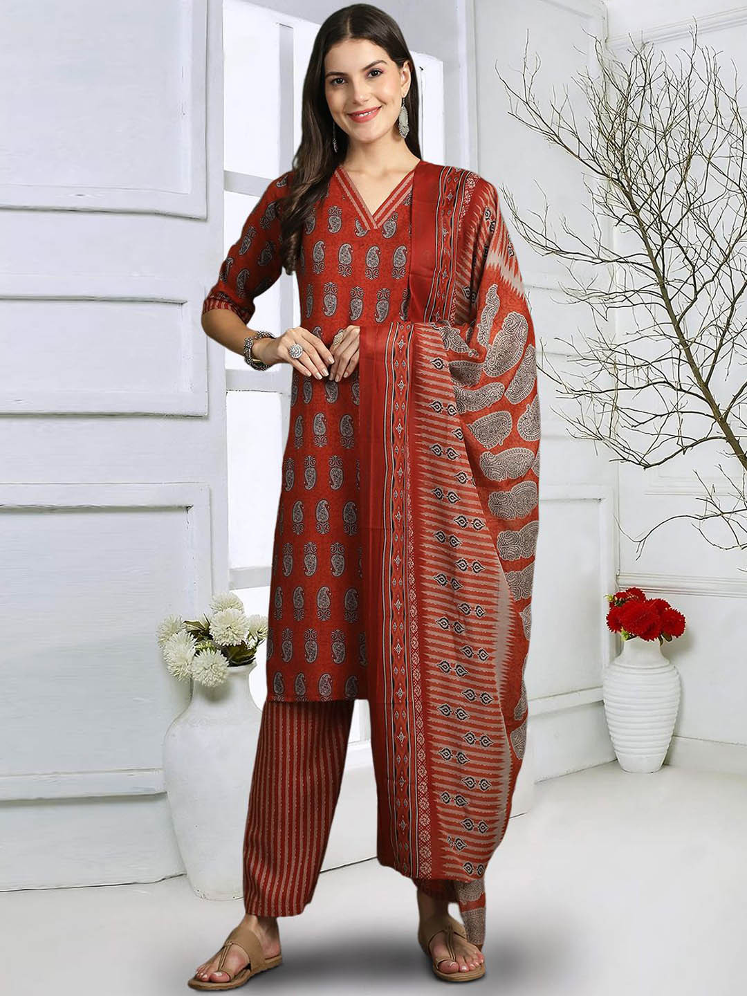

7Threads Ethnic Motifs Printed Regular Pure Cotton Straight Kurta With Trousers & Dupatta, Red