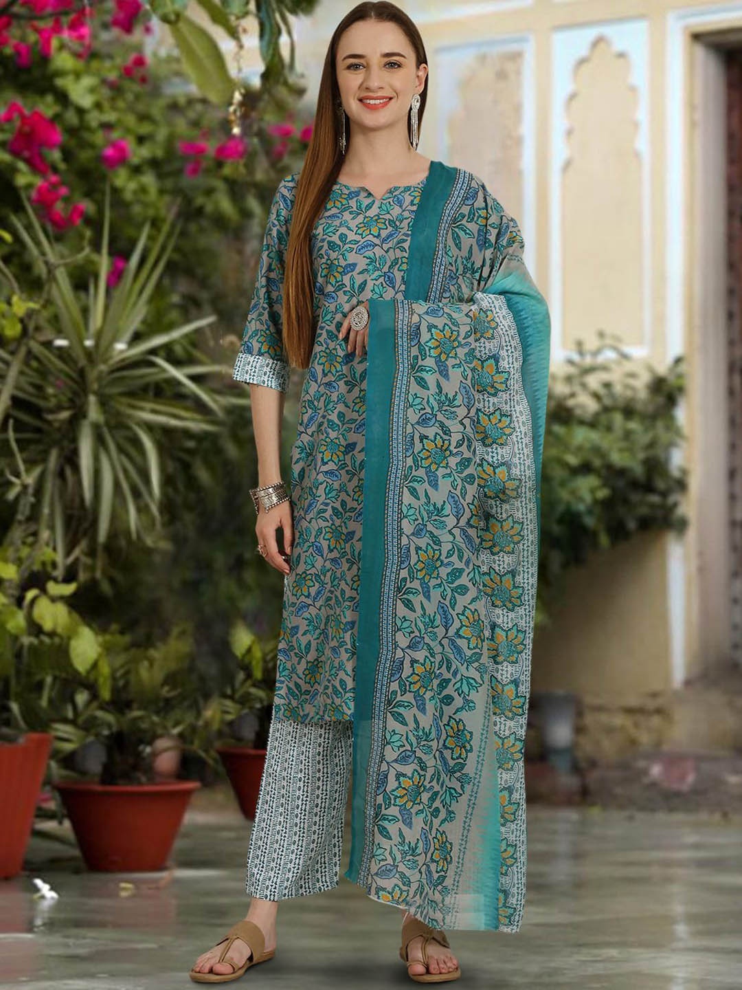 

7Threads Floral Printed Notched Neck Pure Cotton Straight Kurta With Trousers & Dupatta, Grey melange