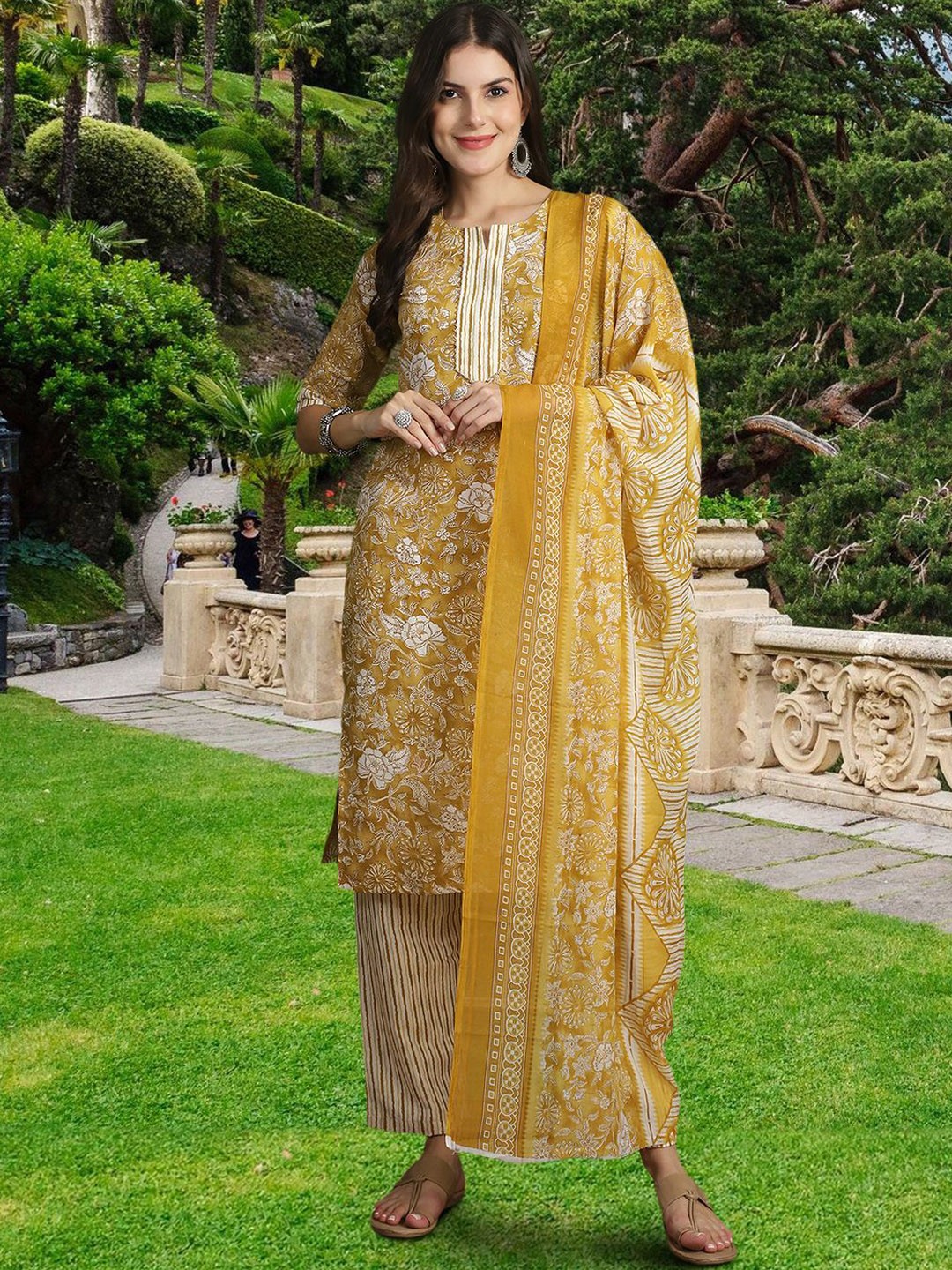 

7Threads Floral Printed Regular Pure Cotton Straight Kurta With Trousers & Dupatta, Mustard