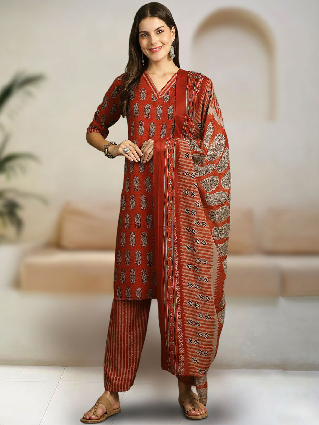

7Threads Paisley Printed Regular Pure Cotton Straight Kurta With Trousers & Dupatta, Red