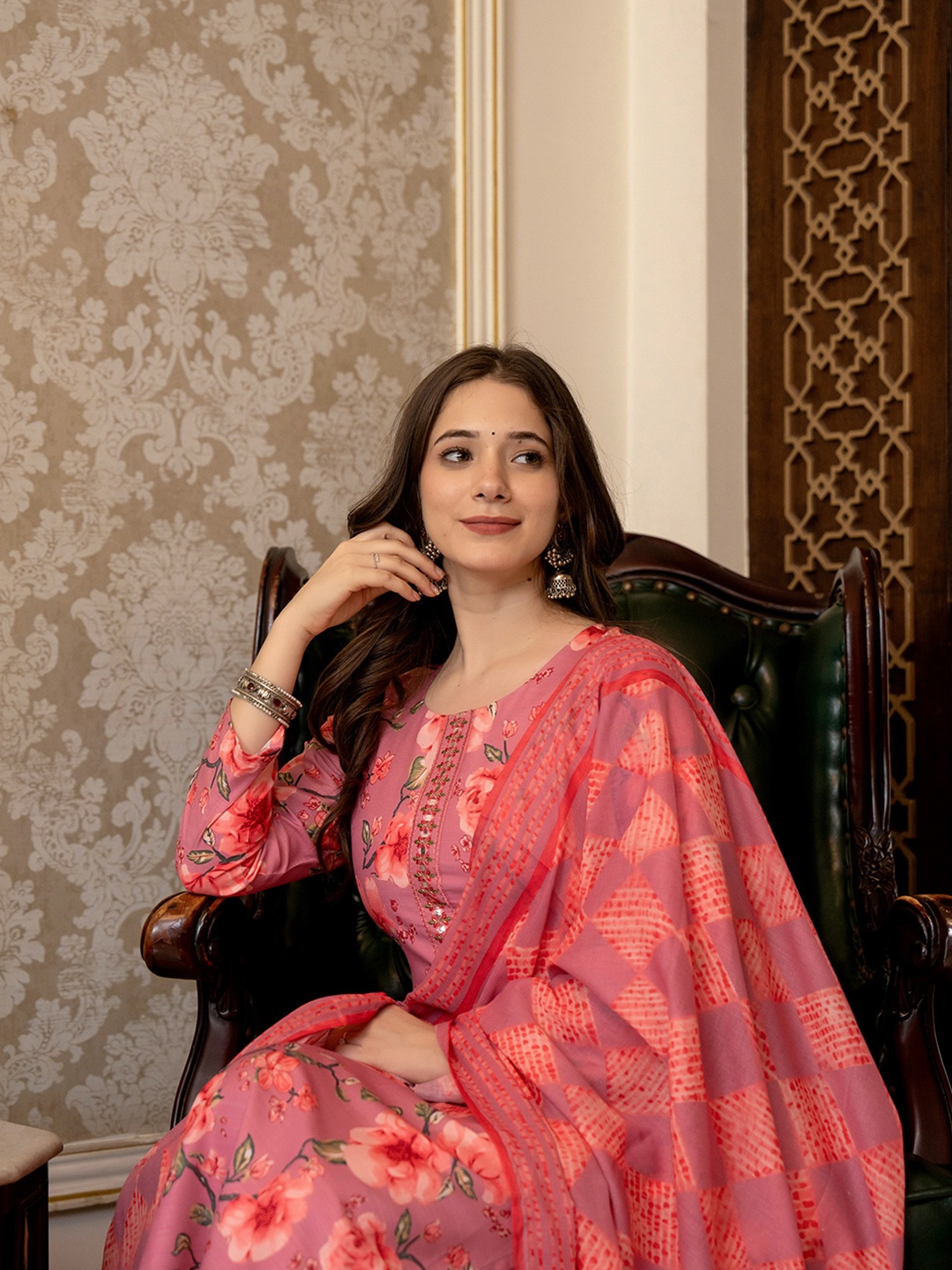 AHIKA Floral Printed Mirror Work Straight Kurta with Trousers & Dupatta, Pink