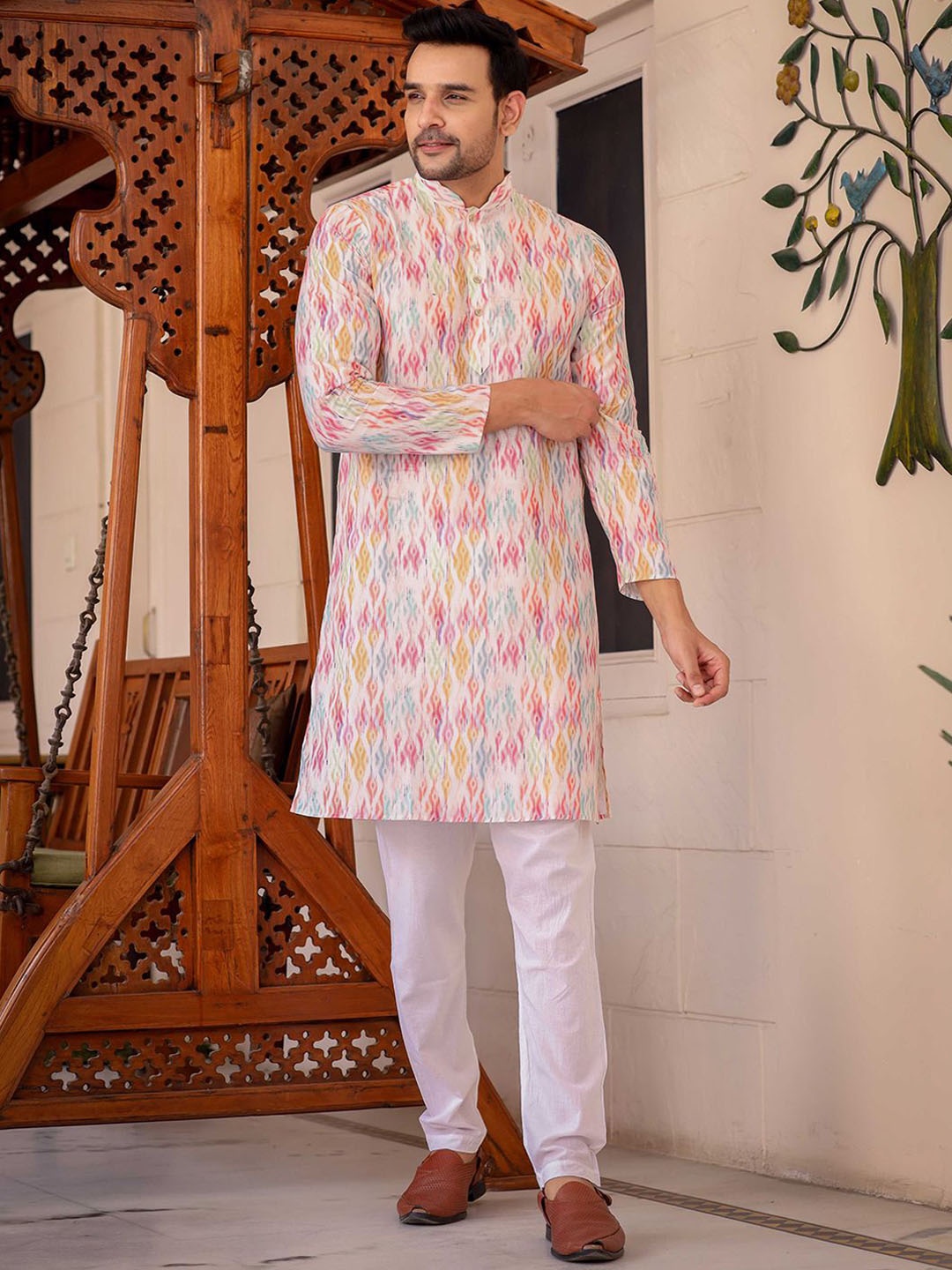 

Aanys Culture Abstract Printed Mandarin Collar Straight Kurta, Pink