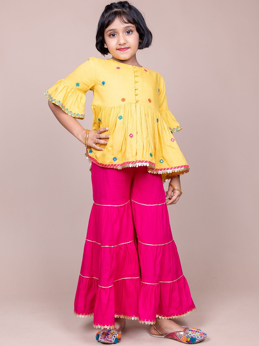 

KASYA Girls Floral Embroidered A Line Kurti with Sharara, Yellow