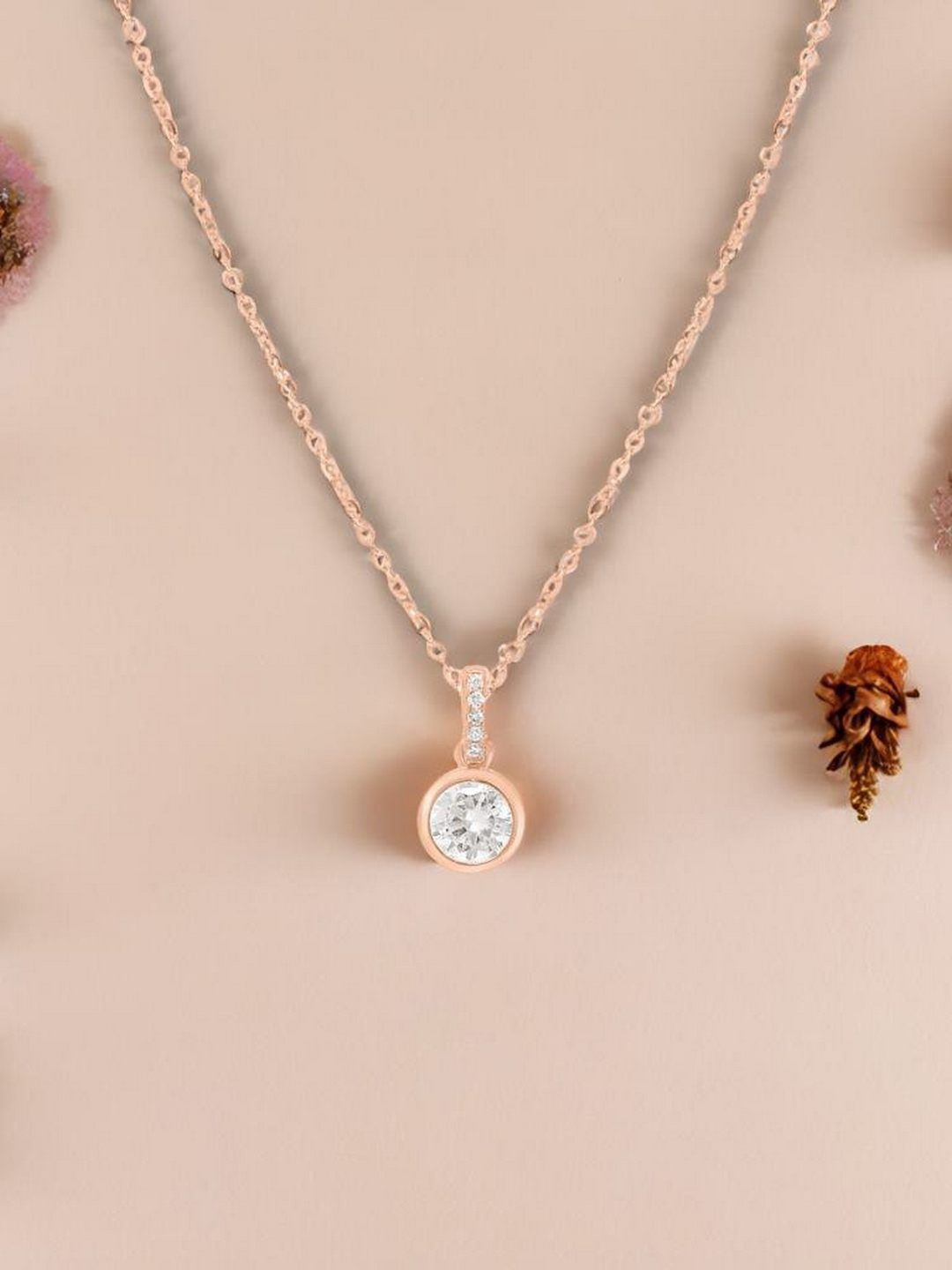 

Zavya 925 Sterling Silver Rose Gold-Plated Cubic Zirconia Circular Pendant with Chain