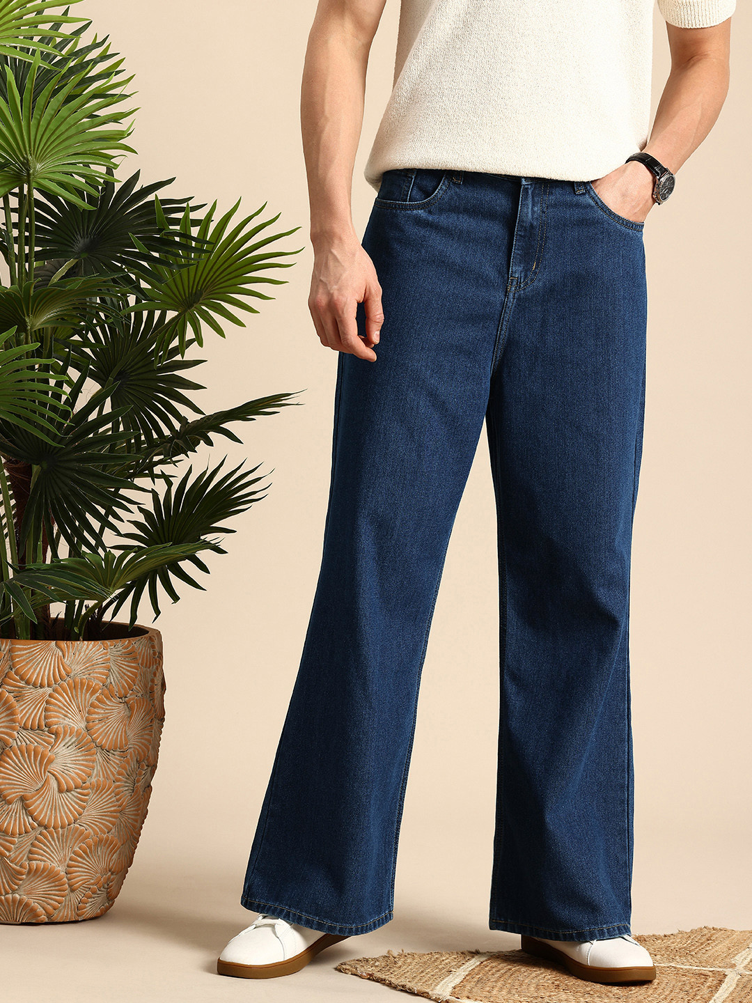 

Mast & Harbour Men Smart Loose Pure Cotton Bootcut Jeans, Blue