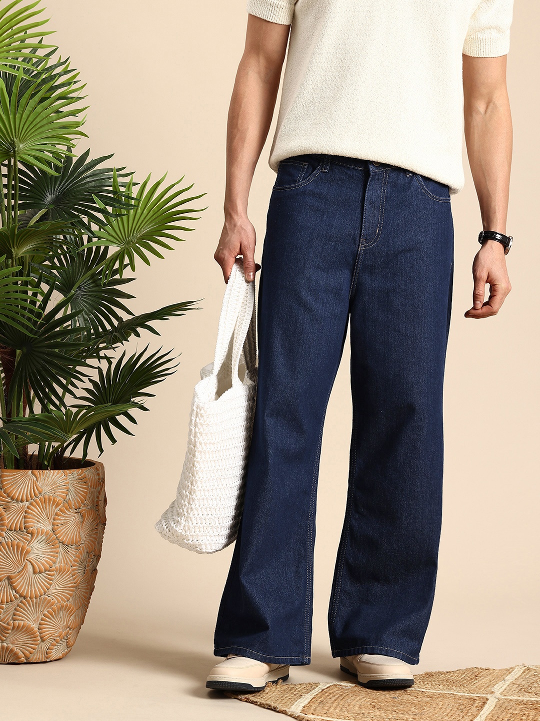 

Mast & Harbour Men Smart Loose Pure Cotton Bootcut Jeans, Navy blue
