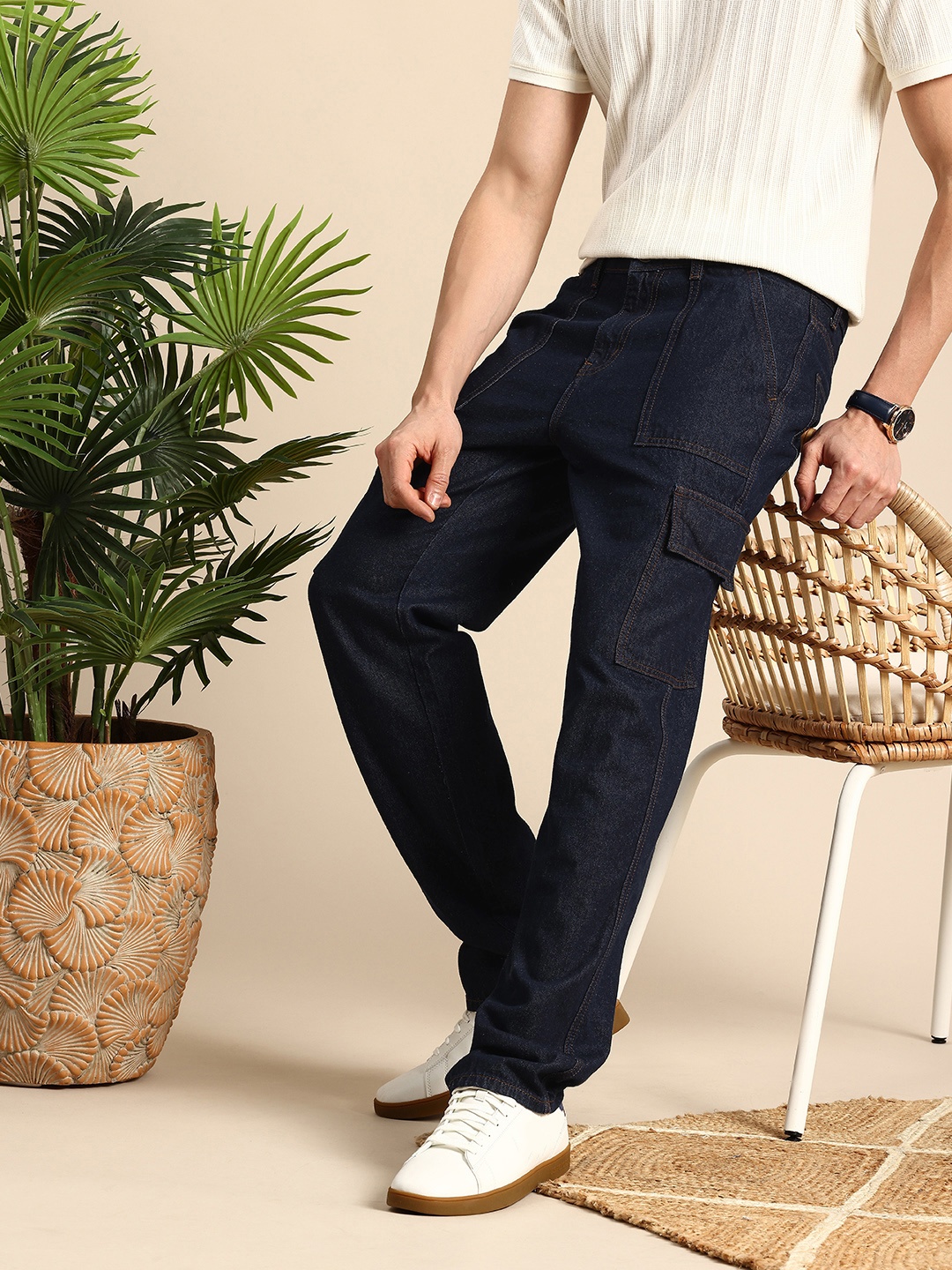 

Mast & Harbour Men Smart Relaxed Fit Pure Cotton Cargo Jeans, Navy blue