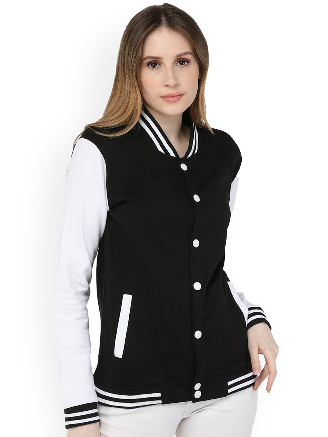 

Be Savage Women Striped Windcheater and Water Resistant Longline Varsity Jacket, Black
