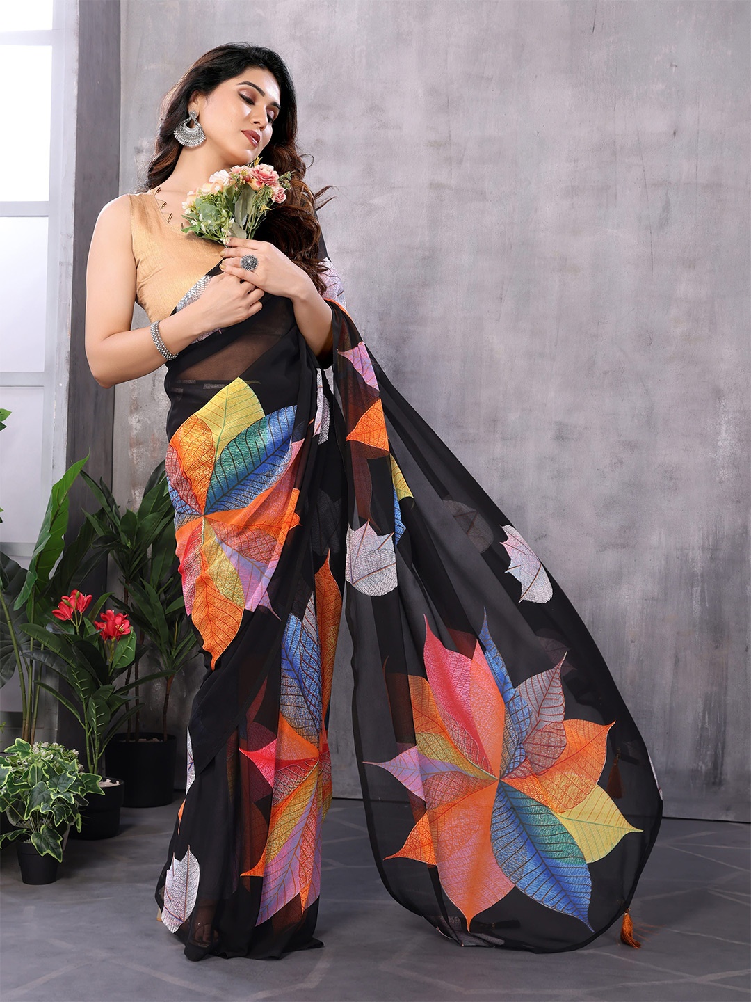 

PHORIA STYLE Floral Pure Georgette Ready to Wear Saree, Black