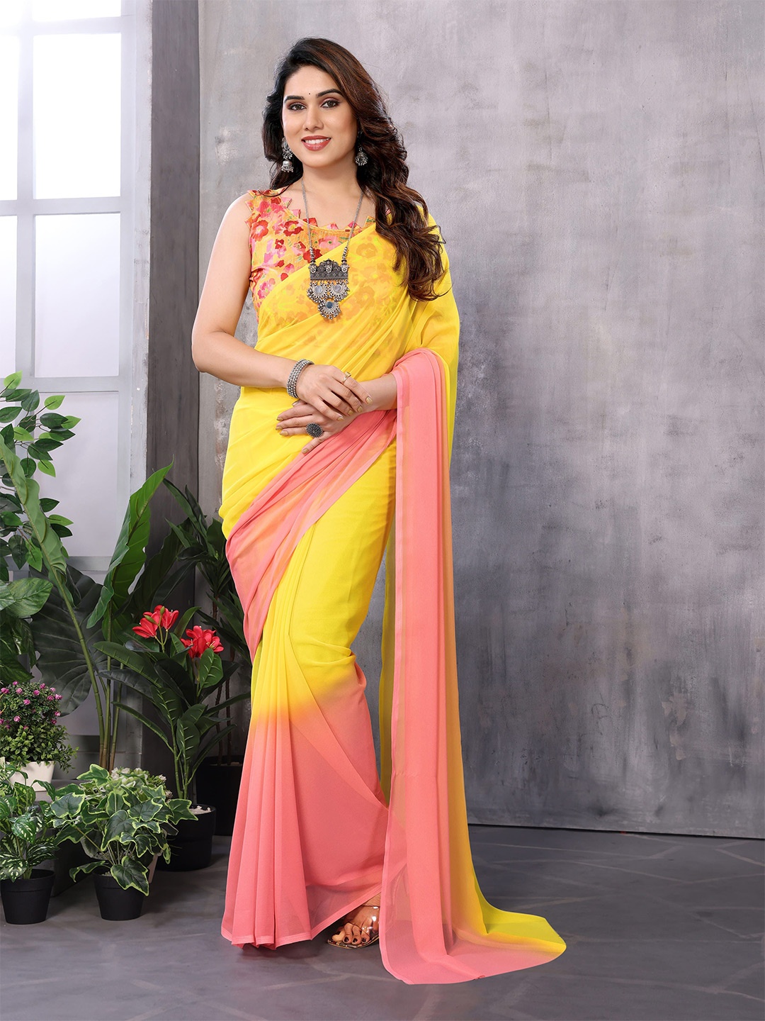 

PHORIA STYLE Pure Georgette Ready to Wear Ombre Saree, Yellow