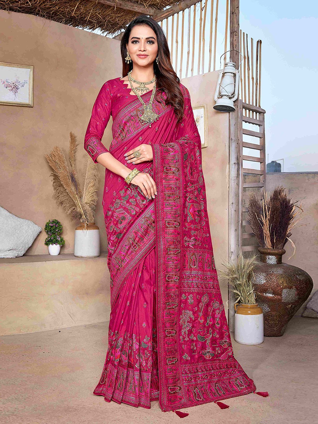 

HEER FASHION Woven Design Pashmina Saree, Pink