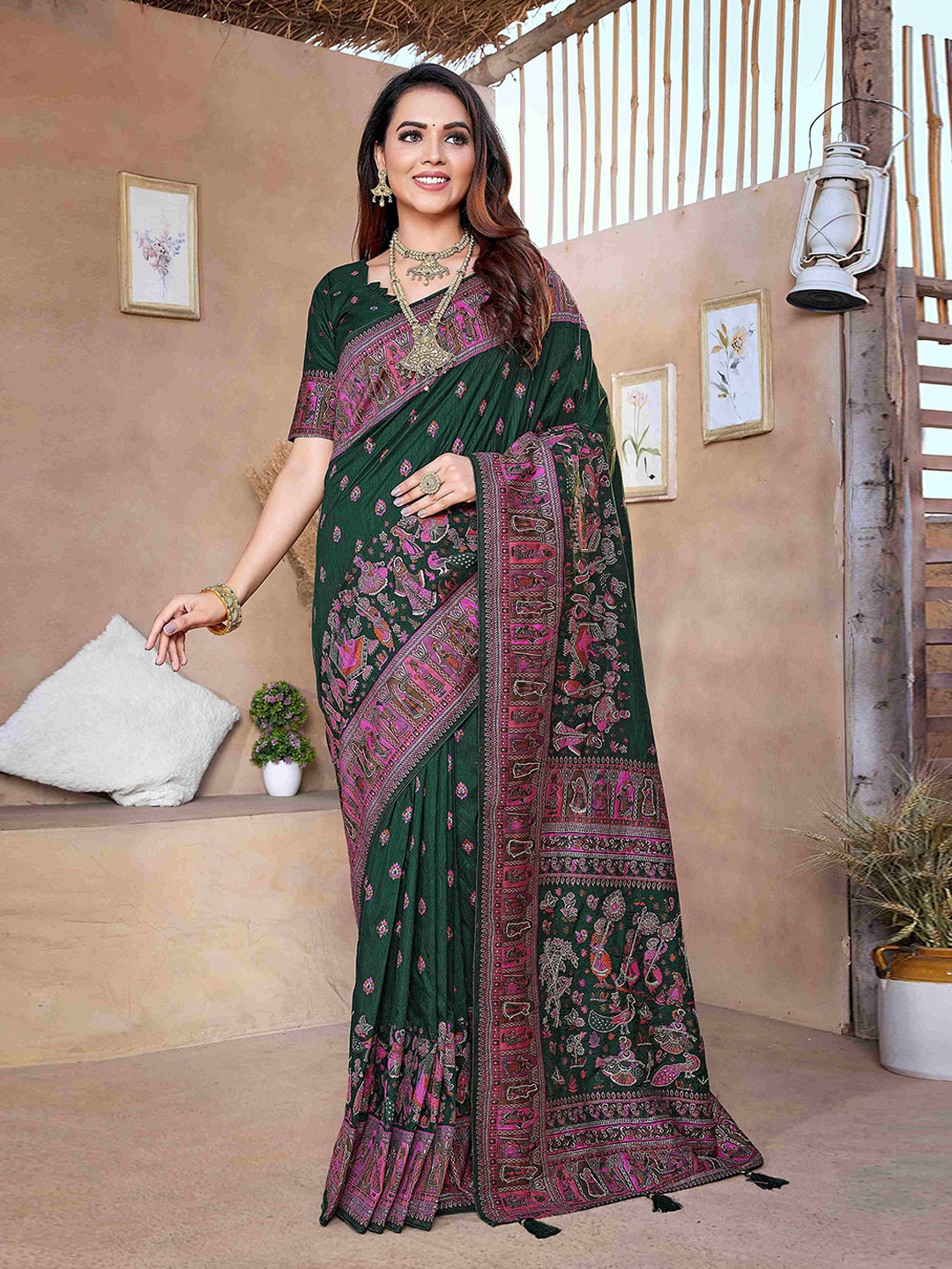 

HEER FASHION Ethnic Motifs Zari Pashmina Banarasi Saree, Green
