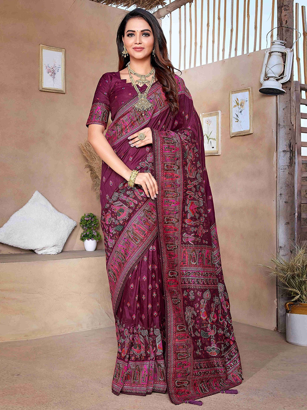 

HEER FASHION Woven Design Pashmina Saree, Magenta