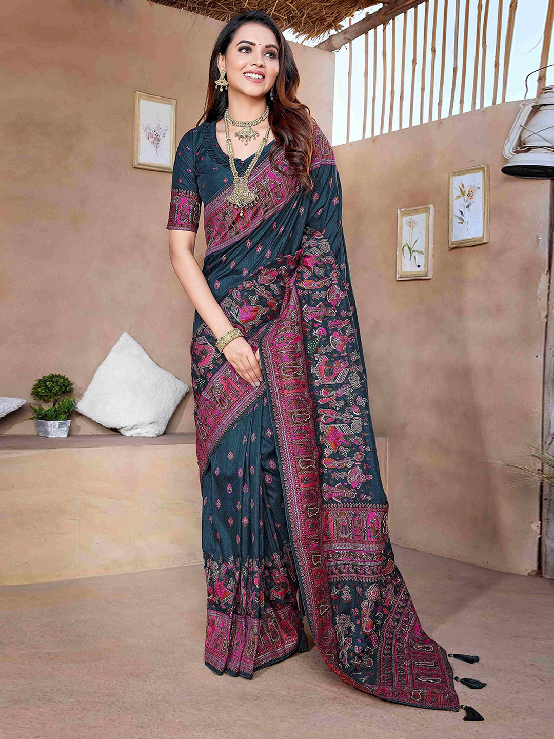 

HEER FASHION Woven Design Pashmina Saree, Teal