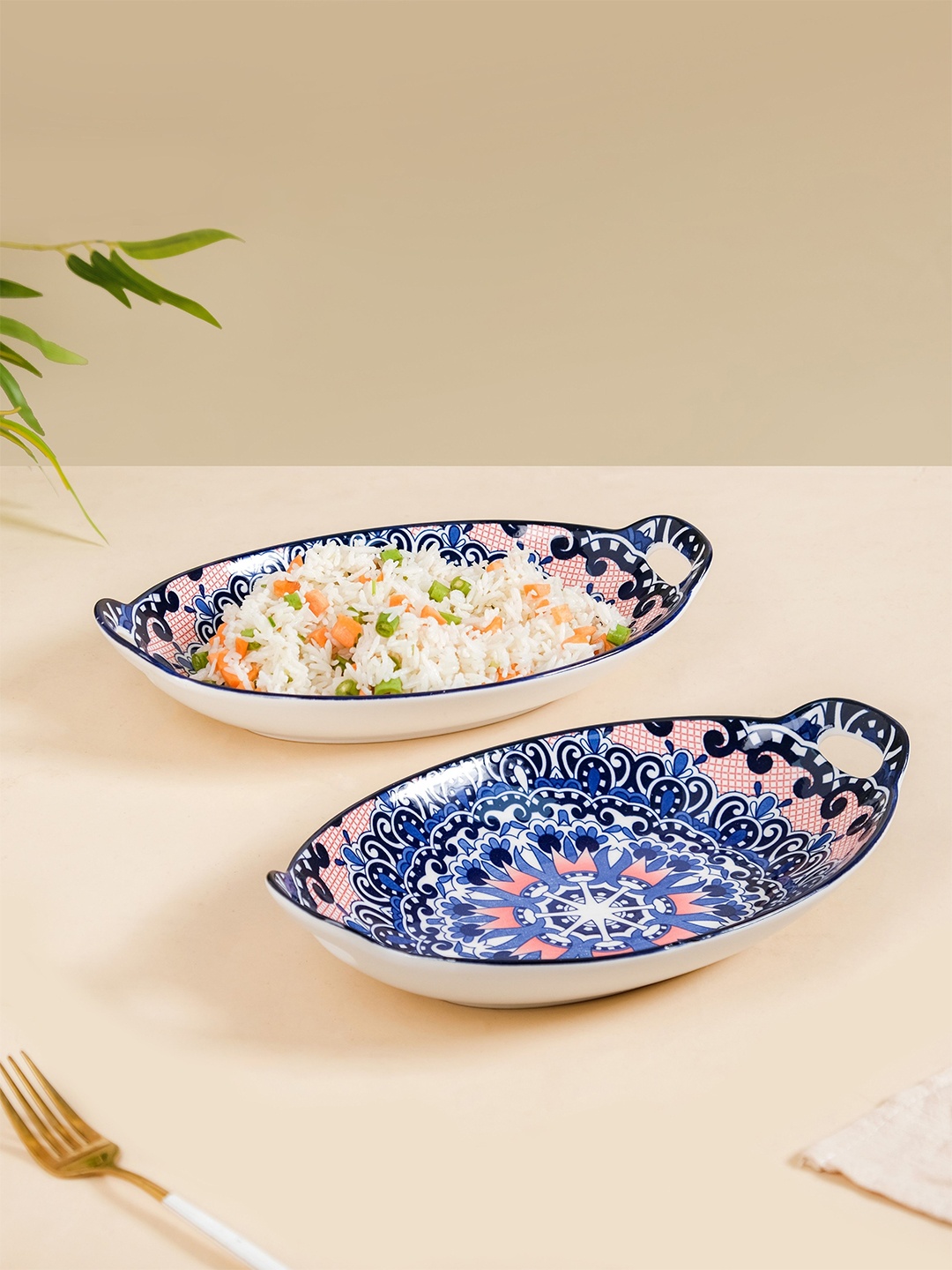 

Nestasia Blue & White 2Pcs Mandala Printed Ceramic Bakeware With Handle