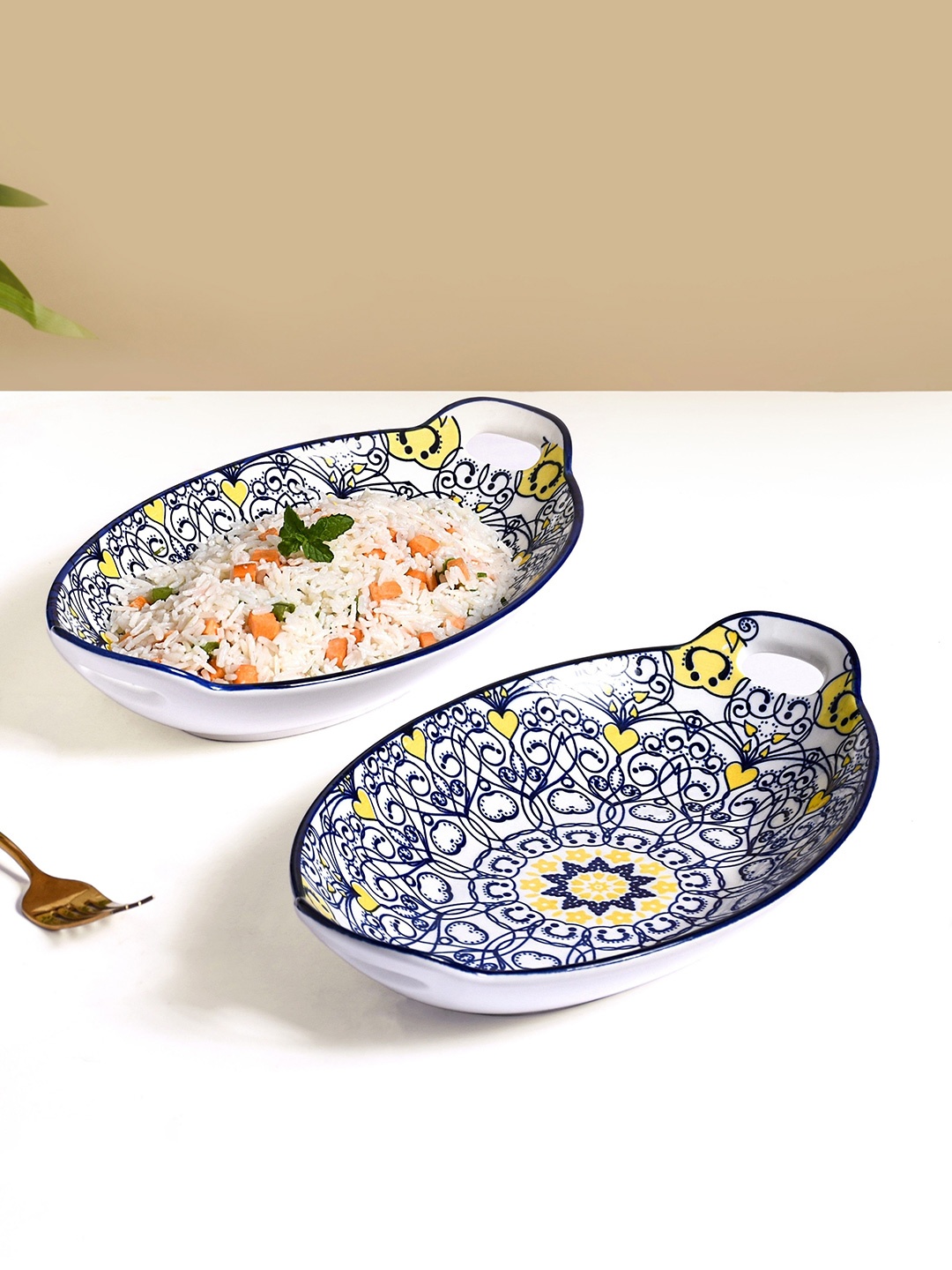 

Nestasia White & Blue 2Pcs Mandala Printed Ceramic Bakeware With Handle