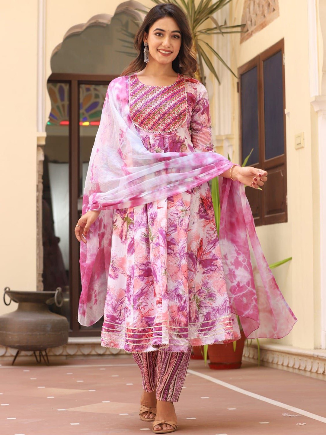 

MILAAV Floral Printed Mirror Work Anarkali Kurta with Trousers & Dupatta, Pink