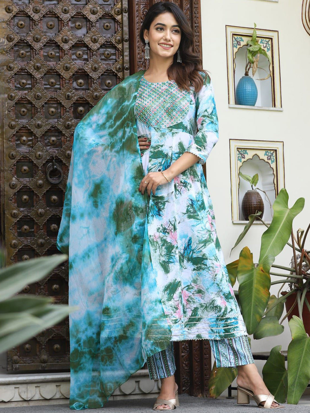 

MILAAV Floral Printed Mirror Work Anarkali Kurta with Trousers & Dupatta, Green