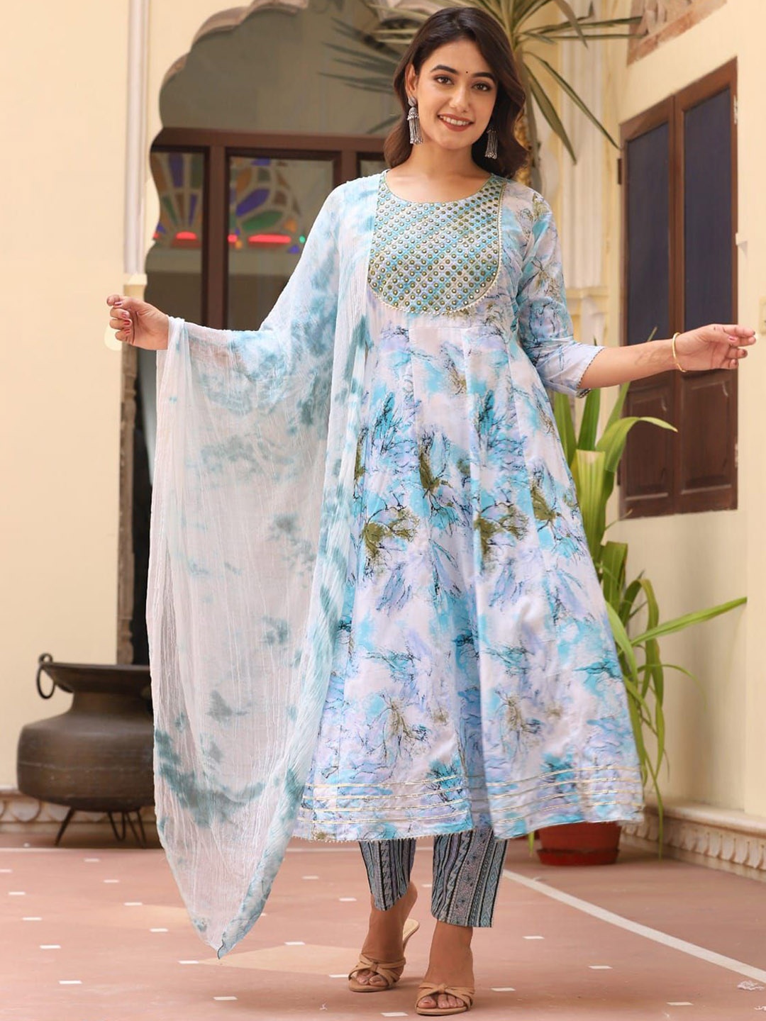 MILAAV Floral Printed Mirror Work Anarkali Kurta with Trousers & Dupatta, Blue