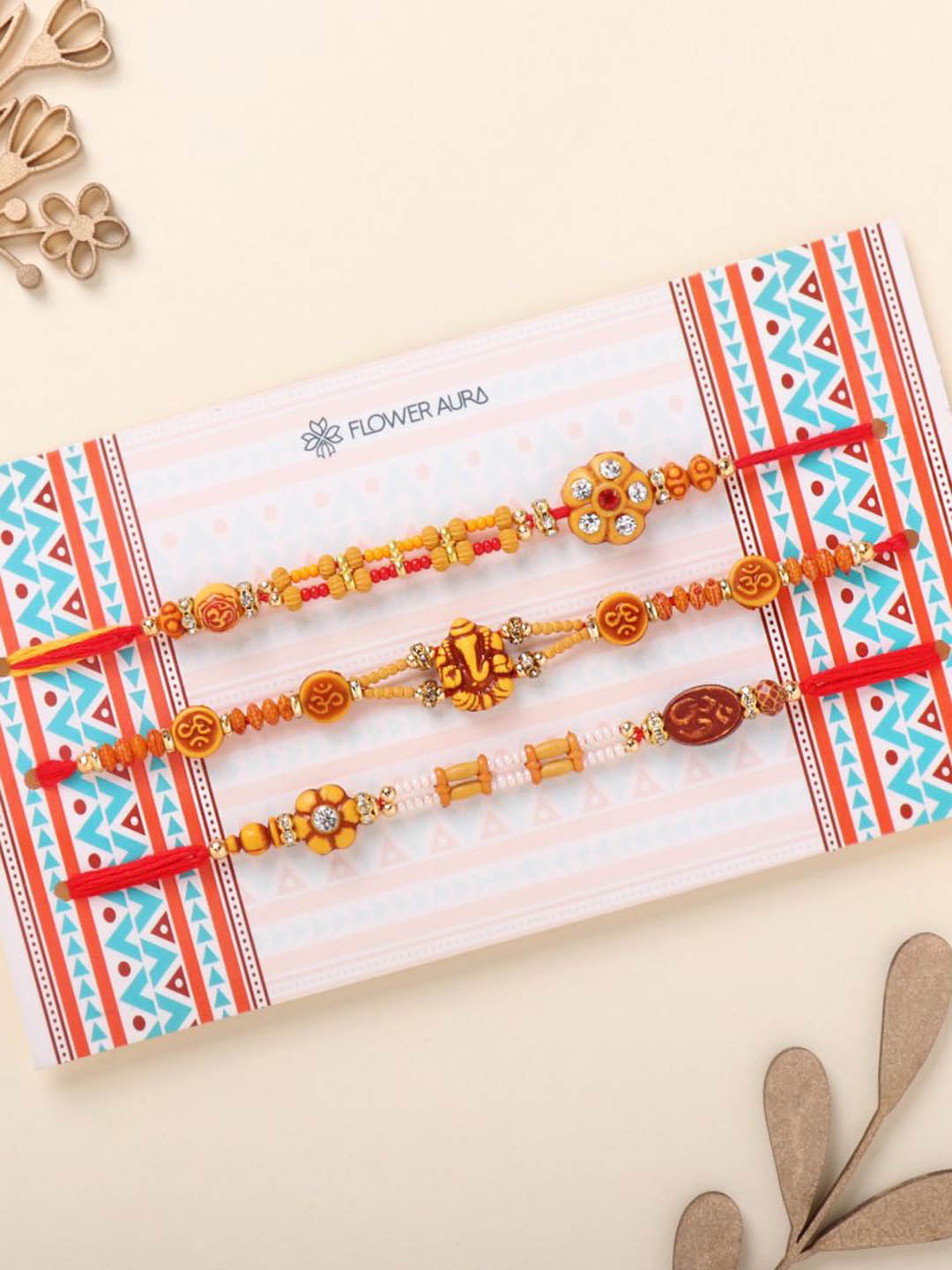 

Floweraura Set of 3 Divine Beaded Thread Rakhis with Roli Chawal, Red