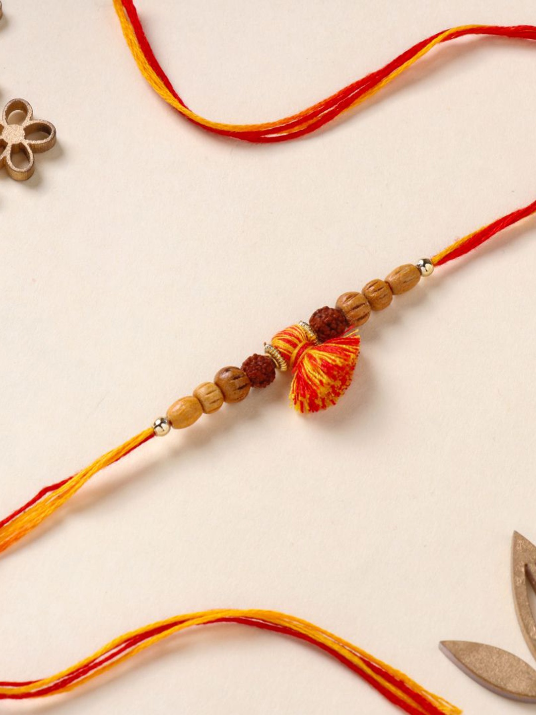 

Floweraura Rudraksha Beaded Tassel Thread Bracelet Rakhi with Roli Chawal, Red