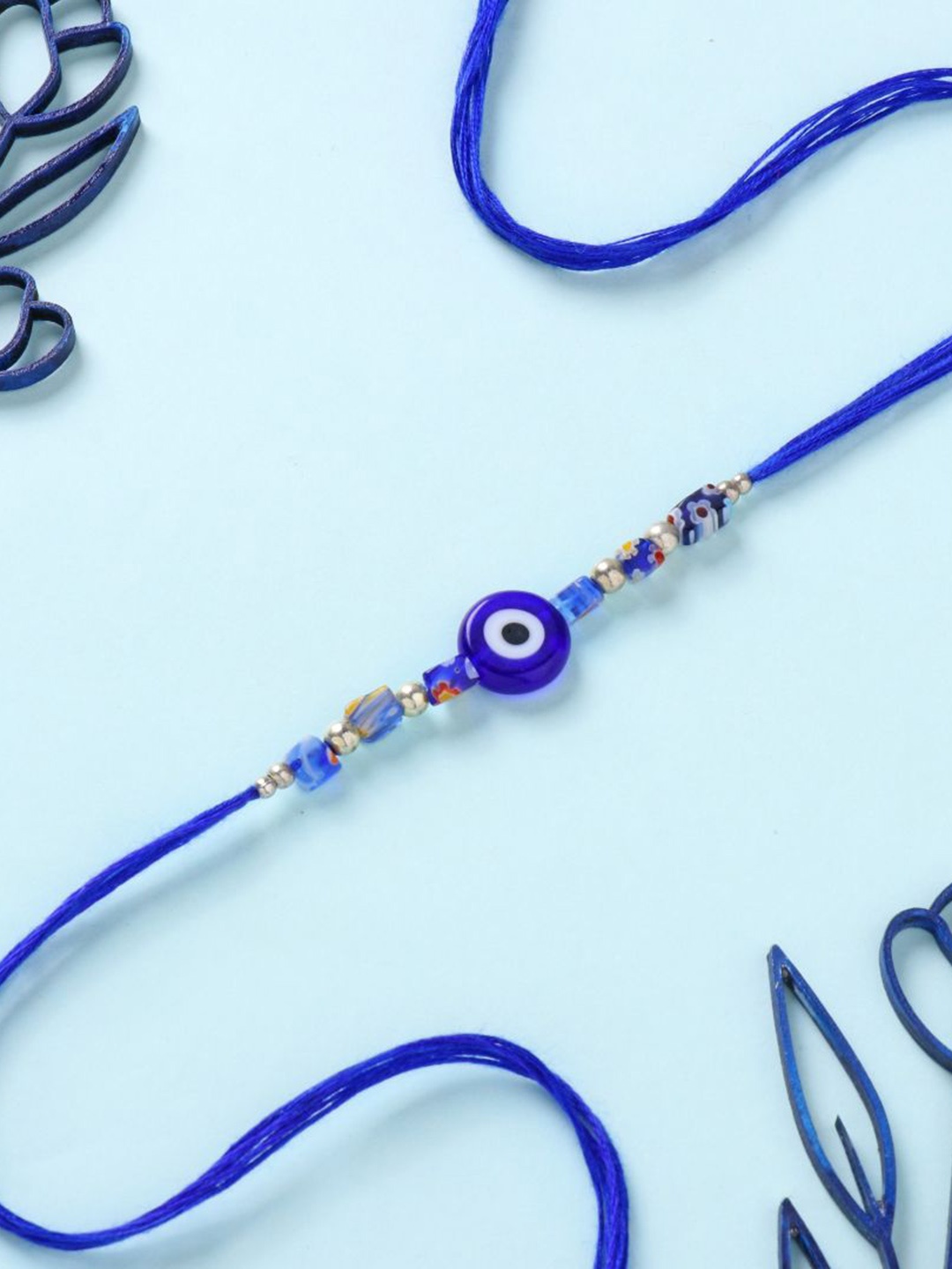 

Floweraura Evil Eye Floral Beaded Thread Bracelet Rakhi with Roli Chawal, Blue