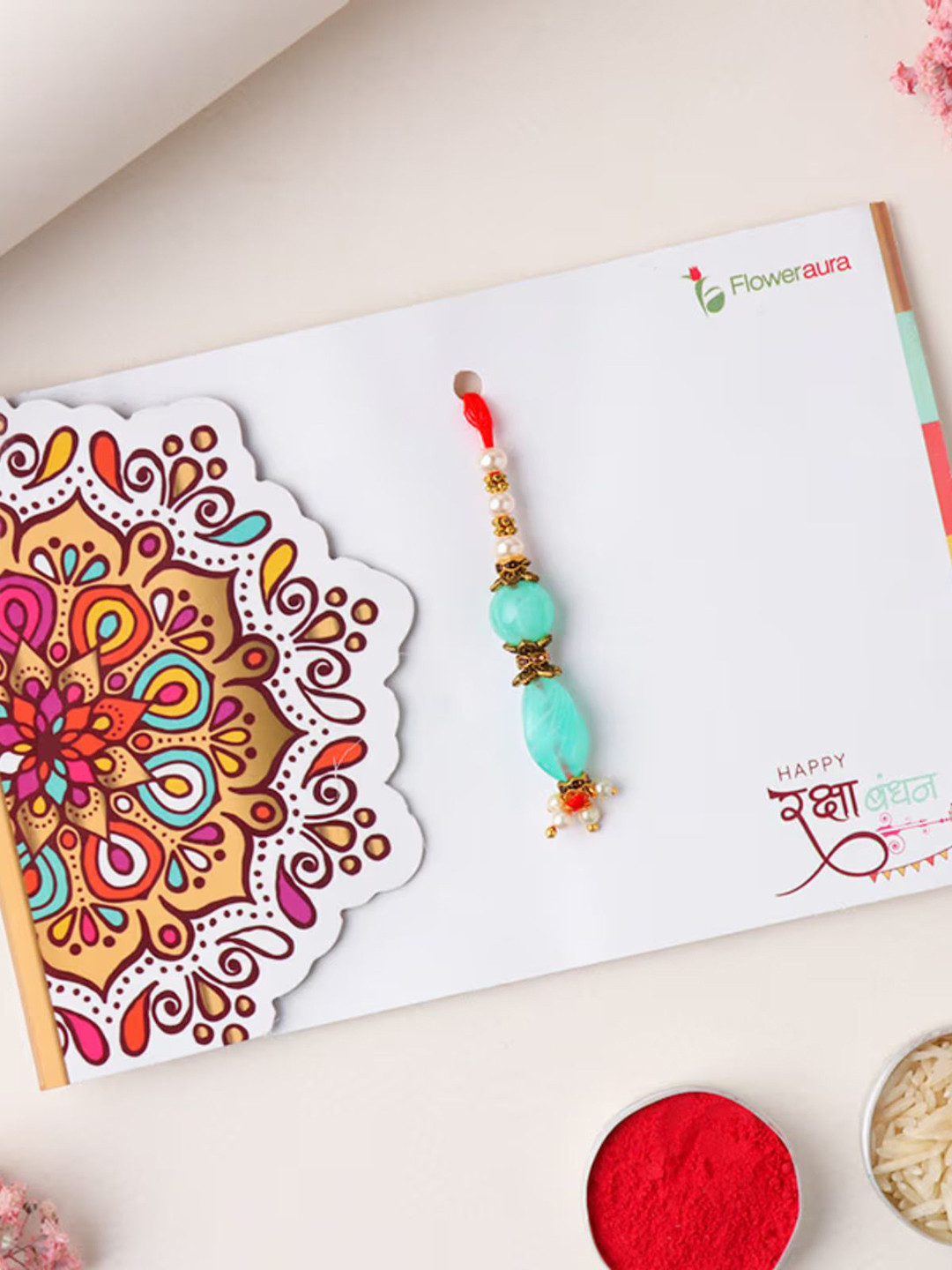 

Floweraura Stone Studded & Beaded Thread Rakhi With Roli Chawal, Red
