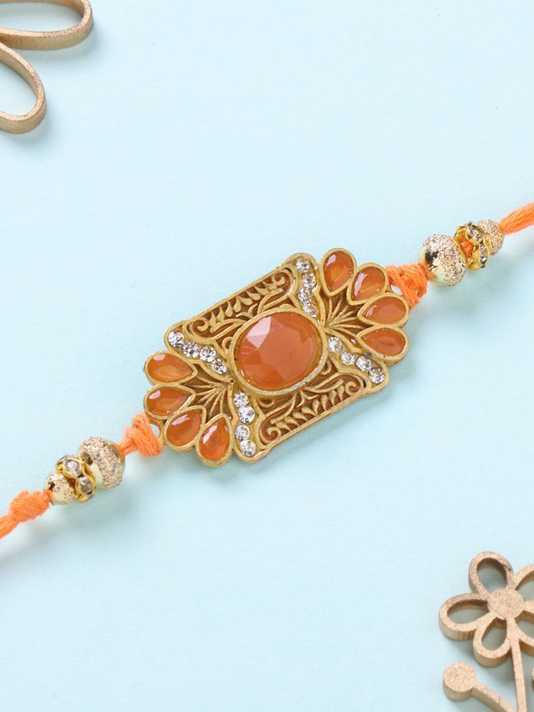 

Floweraura Vibrant Stone Studded Thread Bracelet Rakhi with Roli Chawal, Gold