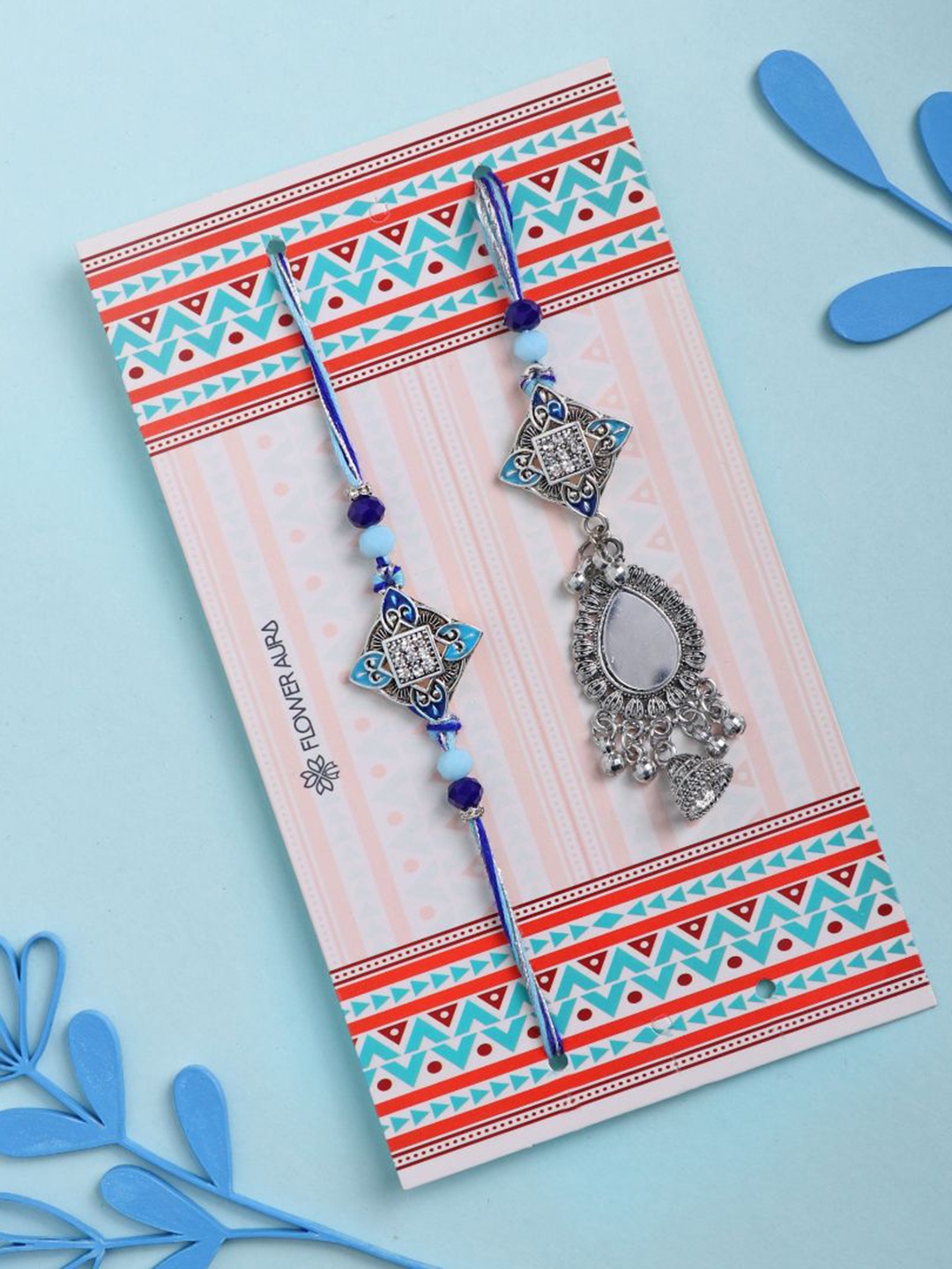

Floweraura Stone Studded & Beaded Bhaiya Bhabhi Thread Rakhi With Roli Chawal, Blue